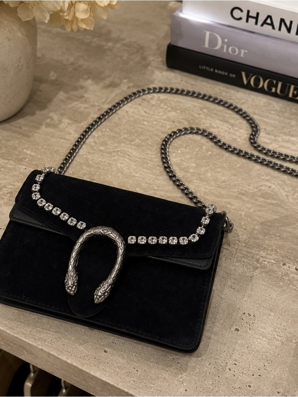 Gucci Black Velvet Crystal Super Mini Dionysus Shoulder Bag